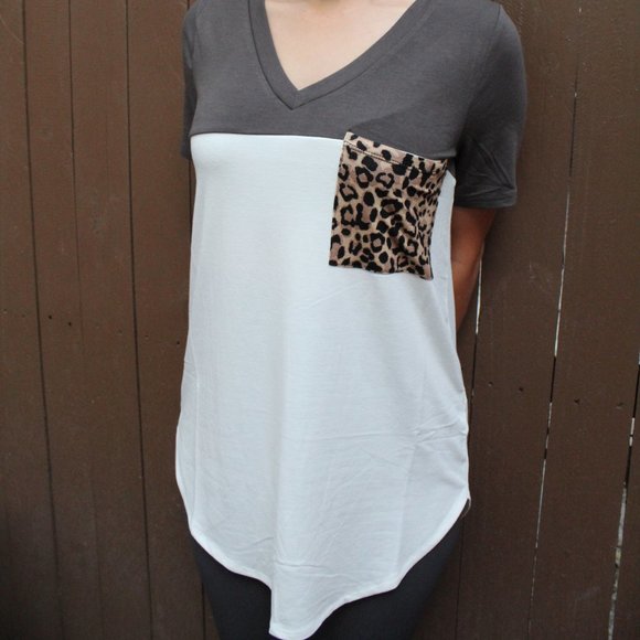 Leopard Pocket Colorblock V-Neck Tshirt - Picture 7 of 9